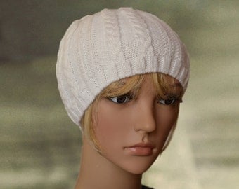 Women's knit hat, Women's winter hats, Knit hat womens, White cap, Women's hats, Close fitting hat, Knitted skull cap, Classic unisex hat.