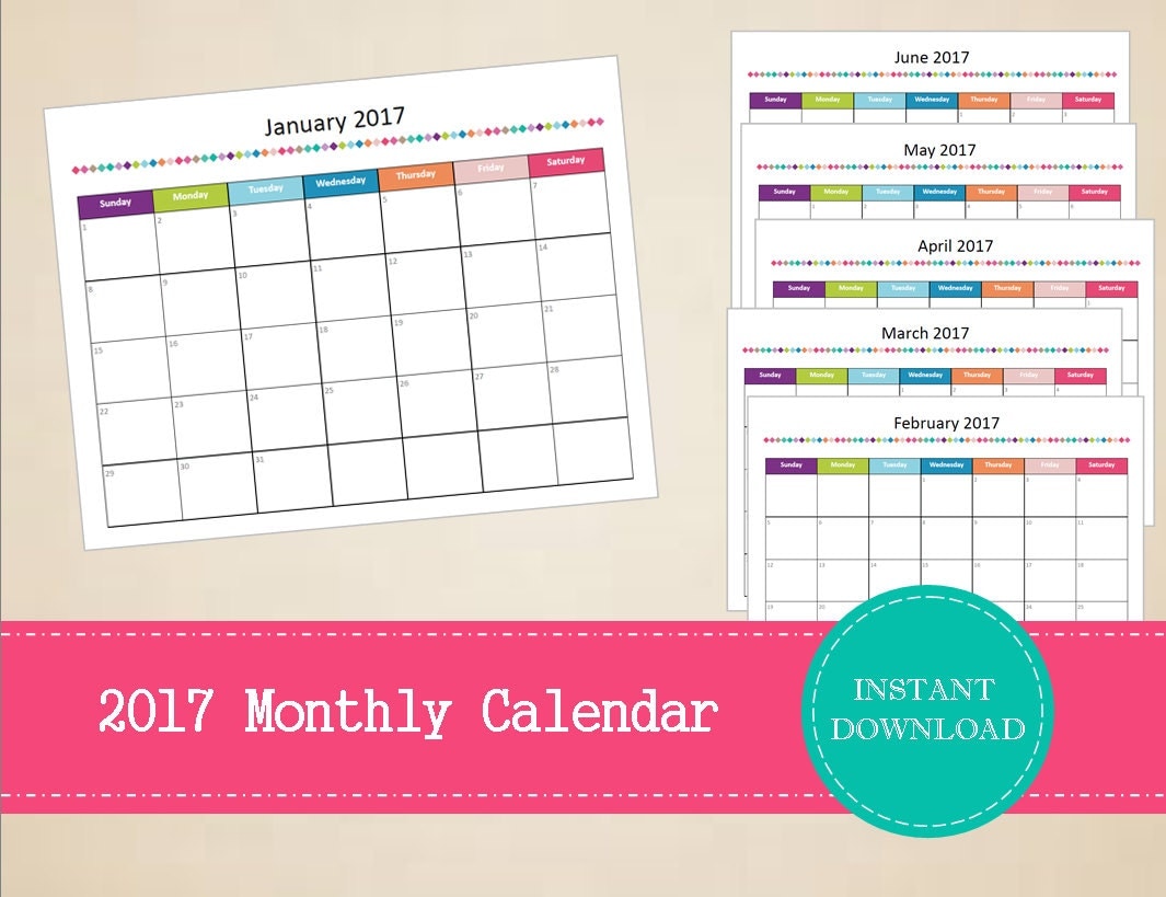 2017 Monthly Calendar Template Printable PDF