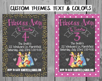 Custom Chalkboard Printable Disney Princess Invitation Princess Birthday Invitation Princess Party Belle Cinderella Jasmine Ariel Snow White