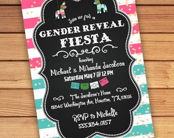 fiesta gender reveal invitations printable, fiesta gender reveal invites printed, gender reveal party invitations fiesta pinata boy or girl