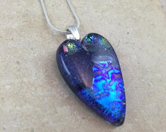 Heart Necklace, Blue Dichroic, Dichroic Pendant, Fused Glass Jewelry, Dichroic Glass Jewelry, Heart Dichroic Pendant - HEA087