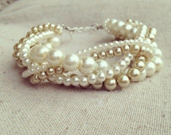 Braided cuff, ivory pearl bracelet, bridesmaids bracelet, ivory bracelet, pearl bracelet, statement bracelet, elegant bracelet, ivory gold