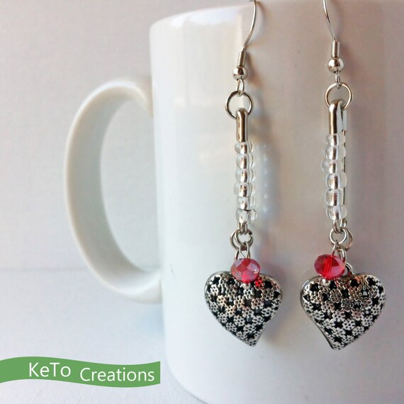 Steampunk Safety Pin Earrings with Heart Charm, Fairy Tale Gothic Heart Charm