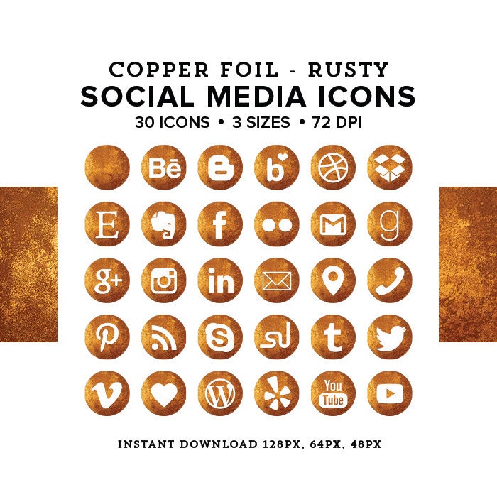 Social Media Icons Metalic Copper 30 icons 3 sizes