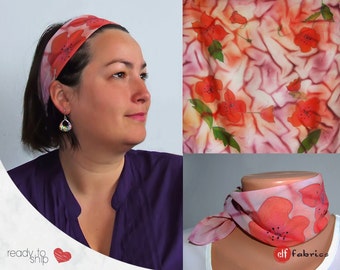 Poppy headband, Hand painted neckband, Small square scarf, Scarf with red flowers, Red and purple accessory, Gift idea, Silk paints