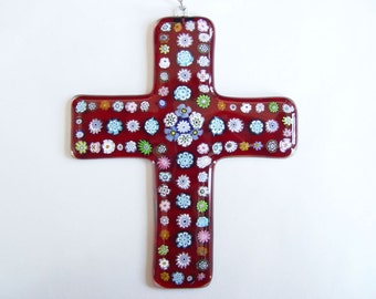 Red Fused Glass Cross with Millefiori A (Wall Art)