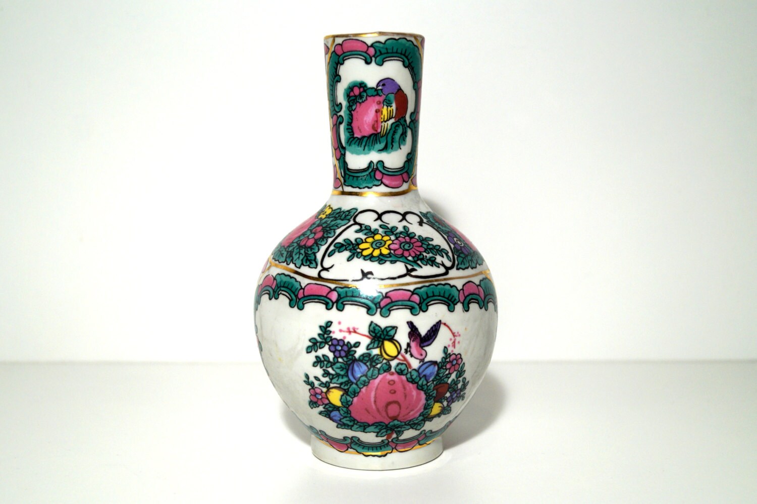 Vintage Chinese Vase hand painted with flowers and birds.A