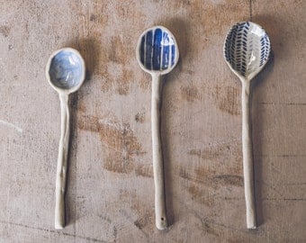 Handmade Ceramic Spoon Handpainted in Light Blue, Dark Blue Stripes or Herringbone Pattern - Made to Order