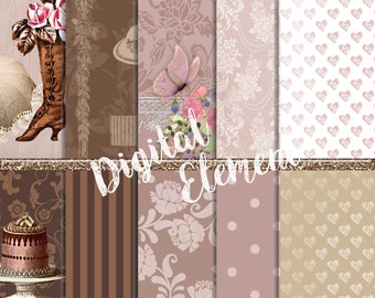 Digital Paper, Scrapbook Paper, Shabby Scrapbook Papers, Digital Vintage Paper, Pink and Brown Digital Paper, Pe-made Pages. No. P144