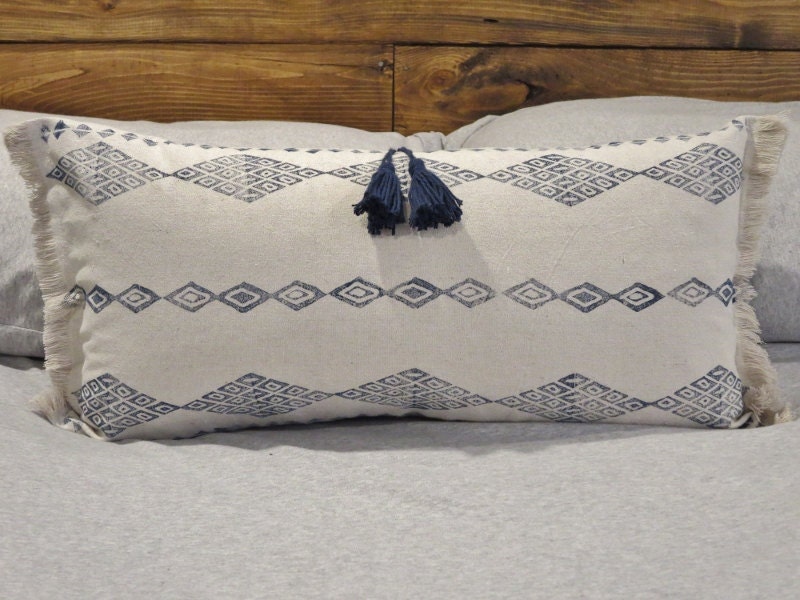 Global Inspired Throw Pillow Tassels Fringe Indigo Rustic