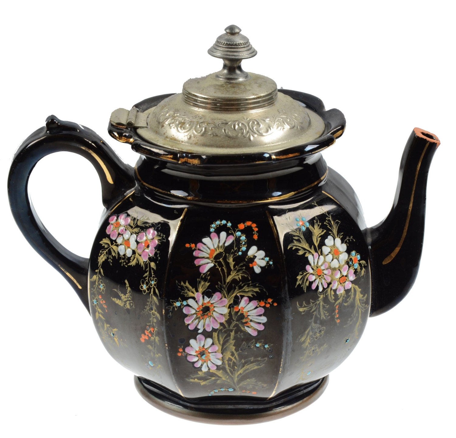 Antique Teapot Pewter Lid Alexandra Pottery Manning Bowman