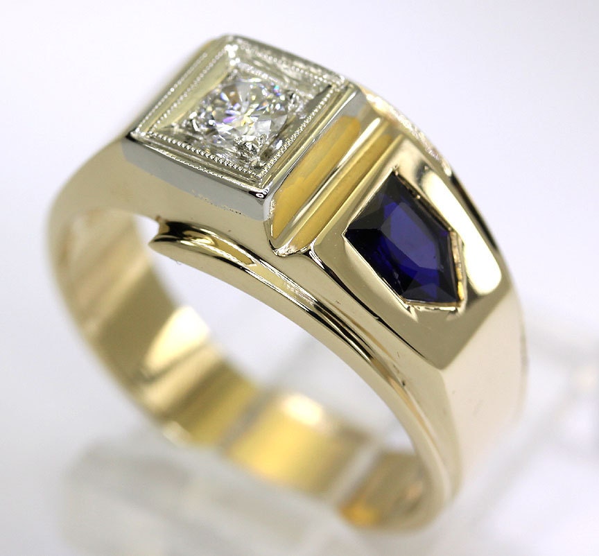 Mens vintage diamond sapphire ring 14K yellow gold round