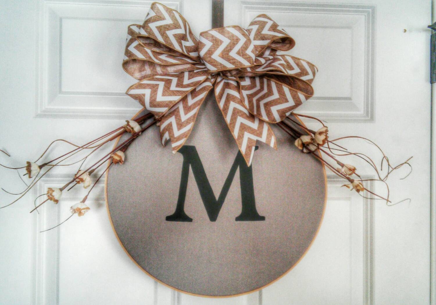 Front door wreath hanger/embroidery hoop/monogram/personalized