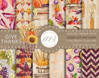 THANKSGIVING Digital Paper Autumn Paper Pack Pumpkin Scrapbook Harvest Corn Wine Fall Leaves Autumn Seamless Patterns Digital Paper DP112