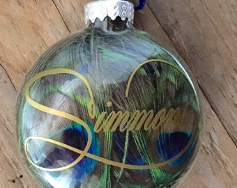 Peacock Feather Ornament / Glass Disk Peacock Feather Christmas Ornament / Peacock Christmas Ornament