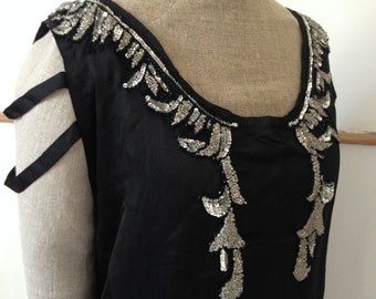 Vintage 1920s dress black silk satin sequinned and beaded Size medium large