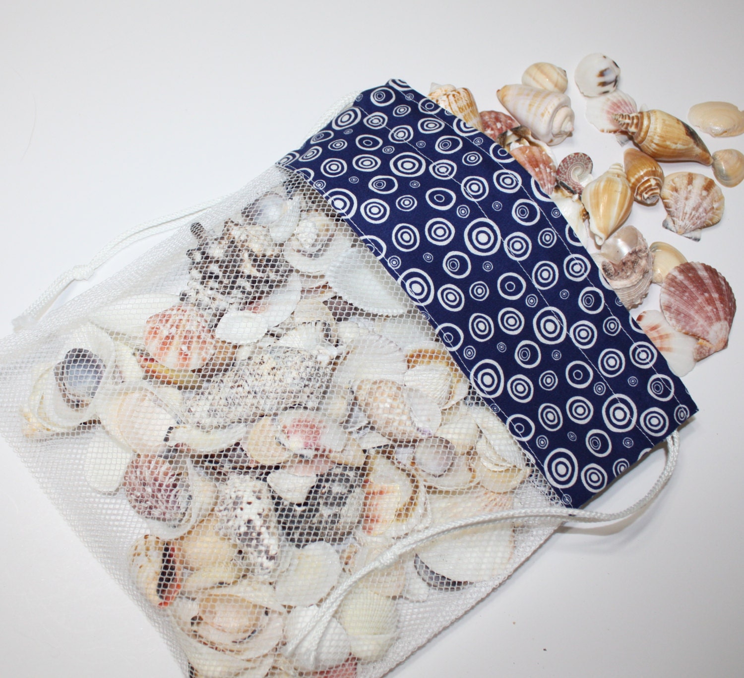 Sea Shell BagsDrawstring SeaShell BagsWhite Circles on Navy
