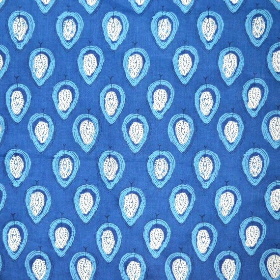 Blue Sanganeri Block Print Indian Cotton Fabric by by Shopolics