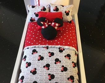 American Girl doll bedding, Reversible Minnie Mouse / red with white polka dot with fluffy and fleece accent pillows