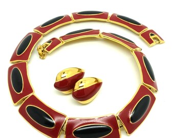 Vintage 1980s Necklace | Vintage Monet Necklace | Red Necklace | Black Necklace | Choker Necklace | Collar Necklace | Enamel Necklace