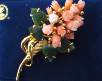 Pink Coral Tulip/Jade Leaf Pin Brooch Gold Plated