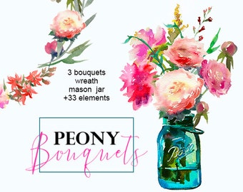 Floral Clipart Peonies Mason Jar Art Watercolor Pre-made Bouquets Pink White Flowers Roses Hand Painted Clipart Set Wedding Images Wreath