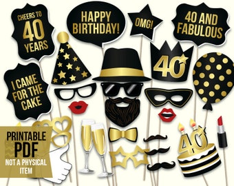 40th birthday photo booth props: printablePDF. Black and gold Forthieth birthday party supplies. Instant download Mustache, lips, glasses