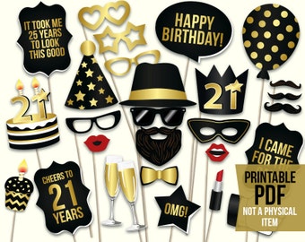 21st birthday photo booth props printable PDF. Black and gold. 21st birthday decorations. Birthday party supplies Mustache, lips, photobooth