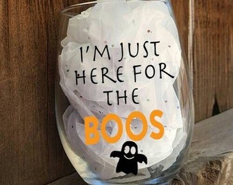 Halloween glass, Halloween decor, fall wine glass, Halloween wine glass, Here for the Boos, stemless glass, funny glass, glitter glass