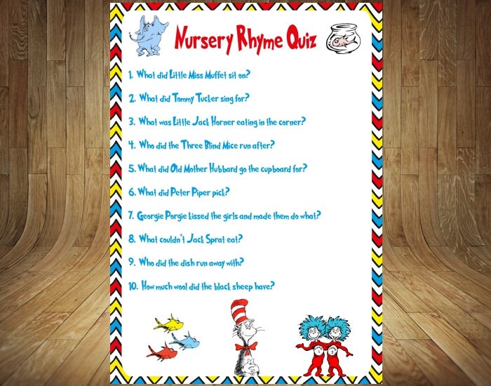 Dr. Seuss Nursery Rhyme Quiz Dr. Seuss Baby Shower Game Dr.