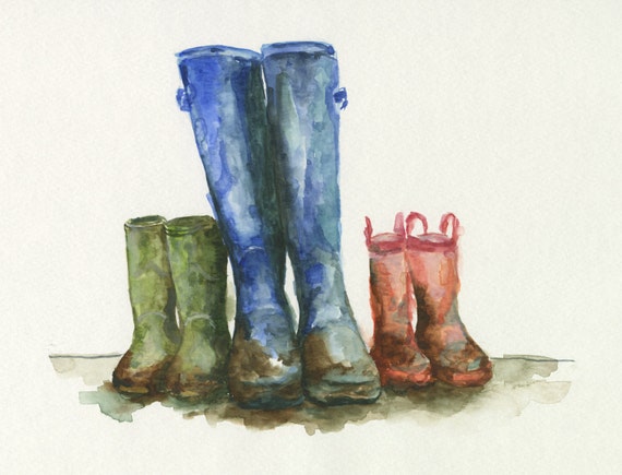 Items similar to Family of Wellies - Giclee Print Welly Colour Muddy ...