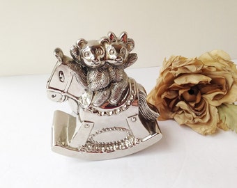 Silver Baby Rocking Horse and Teddy Bear Bank / Baby Coin Box / Baby Piggybank / Baby Piggy Bank / Silver Bank / Silver Coin Box