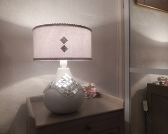 able lamp foot light gray ceramic mosaic mirror adorned with white linen lampshade decorated with mirror on front