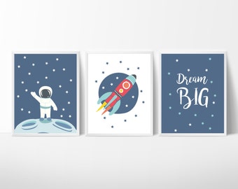 3 Space Rocket Prints,Moon Illustration,Nursery Wall Art, Nursery Space Decor, Scandinavian Art Print, Kids room decor,Baby room decoration