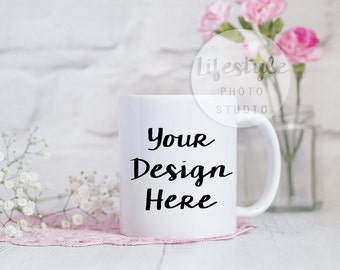 Mug Stock Photography / Styled Mug Mock Up / Blank Mug Background / Pink Flowers