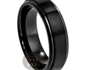Ladies 6mm Tungsten Wedding Band, Black Ion Plated Brushed Center Stepped Edge, Comfort Fit Tungsten Carbide Anniversary Ring TS0852