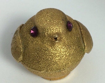 Small Vintage Metal Bird Box with purple Rhinestone eyes, possible for solid perfume, trinket box, trinket bird box