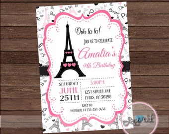 Paris Party Invitation, Paris Birthday Party Invitation, Paris Pink and Black Invitation, Paris Invitation, Digital File.