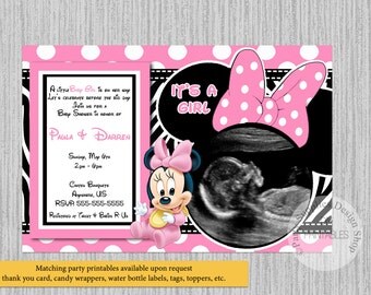 PRINTED or Digital Baby Minnie Mouse Baby Shower Invitations, Ultrasound Minnie Baby Shower Invitations, Minnie Shower Supplies Zebra Print