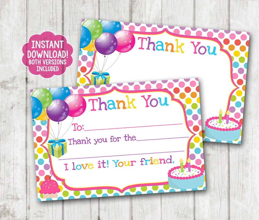 instant download printable birthday thank you cards balloons