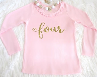 Four birthday long sleeve shirt - 4 year old shirt - Fourth birthday tee shirt - Girl birthday tee 4th birthday shirt Girl birthday t-shirt