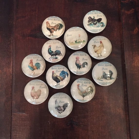 1.5 inch,roosters,chickens, cabinet knobs, drawer pulls, cream, red, antique postcard, kitchen ...
