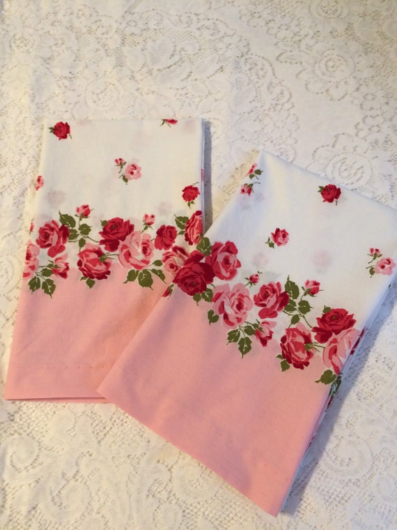 Pair Handmade Shabby Chic Pillowcases Vintage Pink & Red Rose