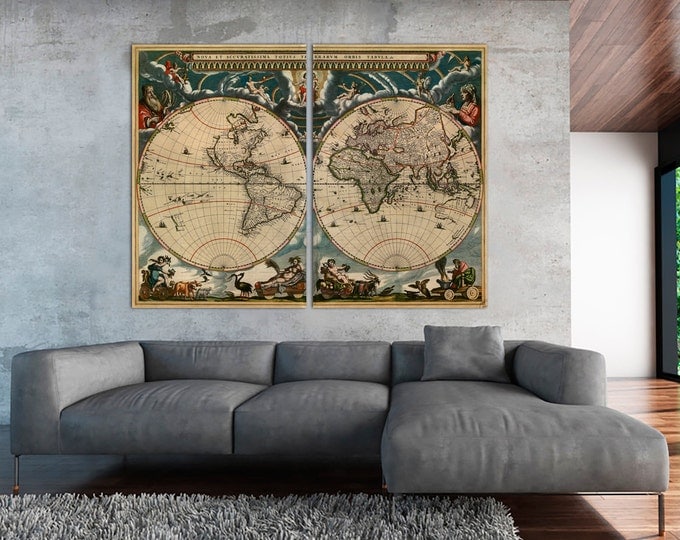 Antique Wall Art World Map Print set, Ancient Hemisphere Map, Old World Map of 1,2,3,4 or 5 Panels on Canvas Wall Art for Home & Office