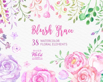 Watercolor Flower Clipart, Blush Pink and Violet Flower Clipart, Wedding Clipart, DIY Wedding Invitations, Pink Rose PNG, Commercial Use art
