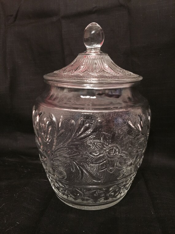 SALE Anchor Hocking Sandwich Glass Cookie Jar With Lid Scrolls