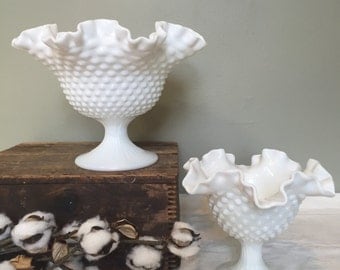 Large Fenton hobnail crimped milk glass footed bowl
