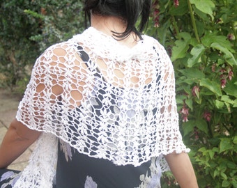 Lacy Evening Shawl "Leaves of Spring"; White Cotton: Handmade;