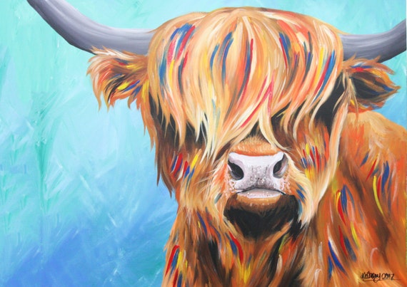 Blue Highland Cow Print A3