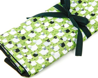 Large Knitting Needle Case Organizer - Jolly Sheep - 30 black pockets for straight, circular, double point needles or paint brushes